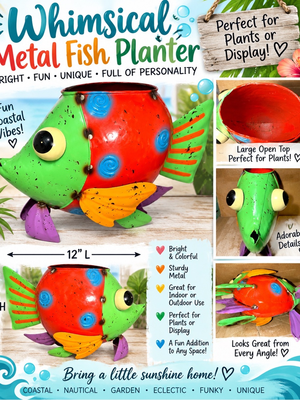 Whimsical Colorful Metal Fish Planter 12” Coastal Garden Yard Art Decor